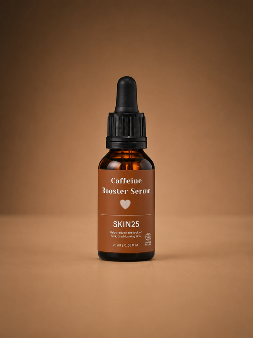 A 20ml amber glass dropper bottle of SKIN25 Caffeine Booster Serum, featuring a brown label and black dropper cap, set against a solid warm brown background.