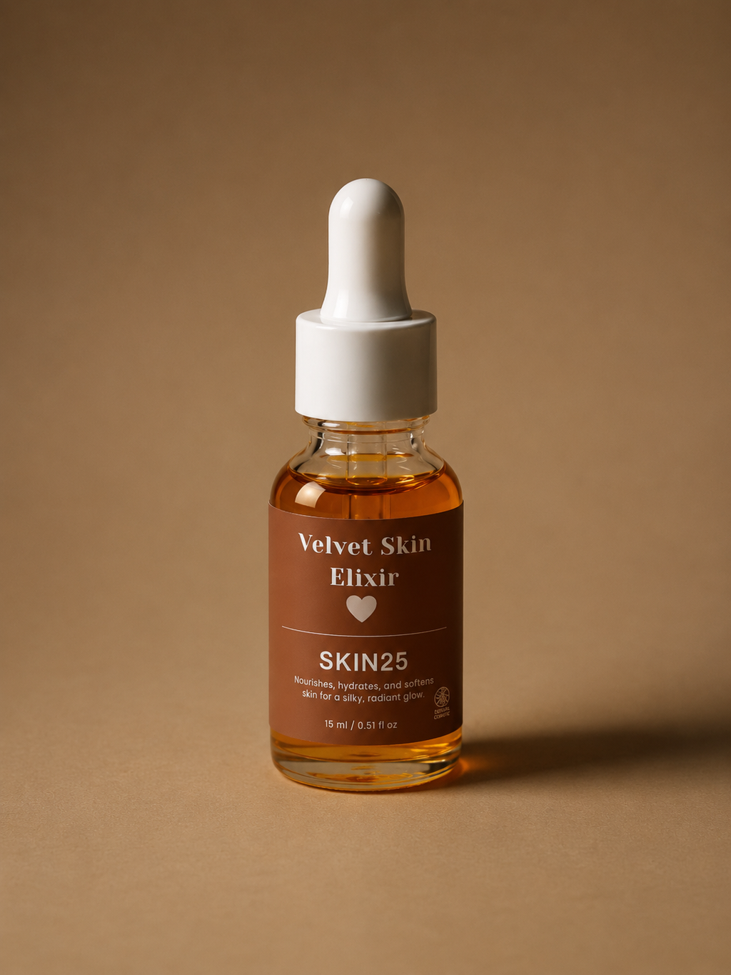 A small glass dropper bottle labeled 'Velvet Skin Elixir' and 'SKIN25' filled with amber liquid, centered on a warm tan background.