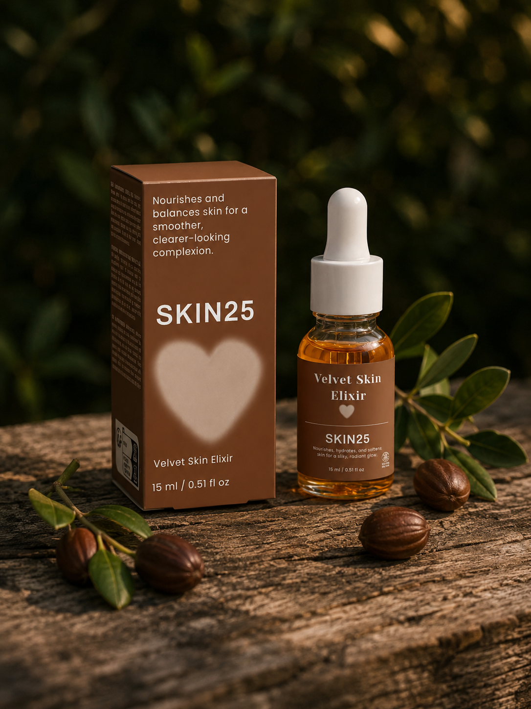 A bottle of SKIN25 Velvet Skin Elixir with its brown box packaging, styled on a rustic wooden surface with acorns and green leaves against a blurred forest background.